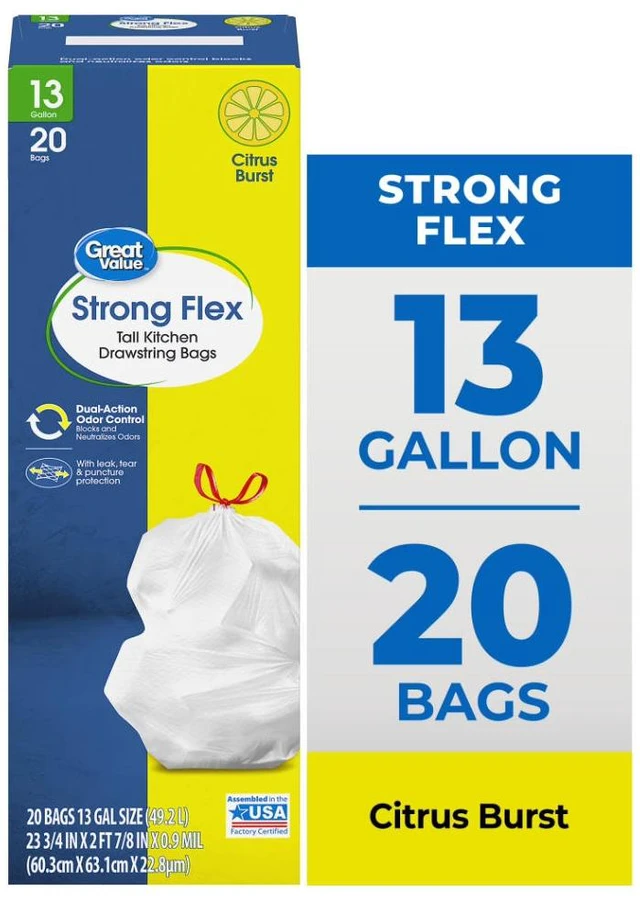 Main image of Great Value Strong Flex 13-Gallon Drawstring Tall Kitchen Trash Bags, Citrus Burst, 20 Count