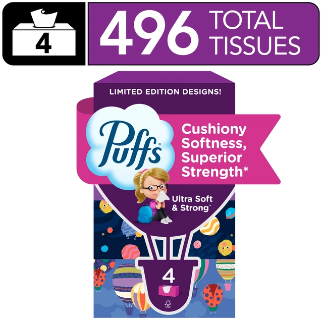 Main image of Puffs Ultra Soft Facial Tissues, Back-to-School Exclusive, 4 Rectangle Boxes, 124 Tissues per Box