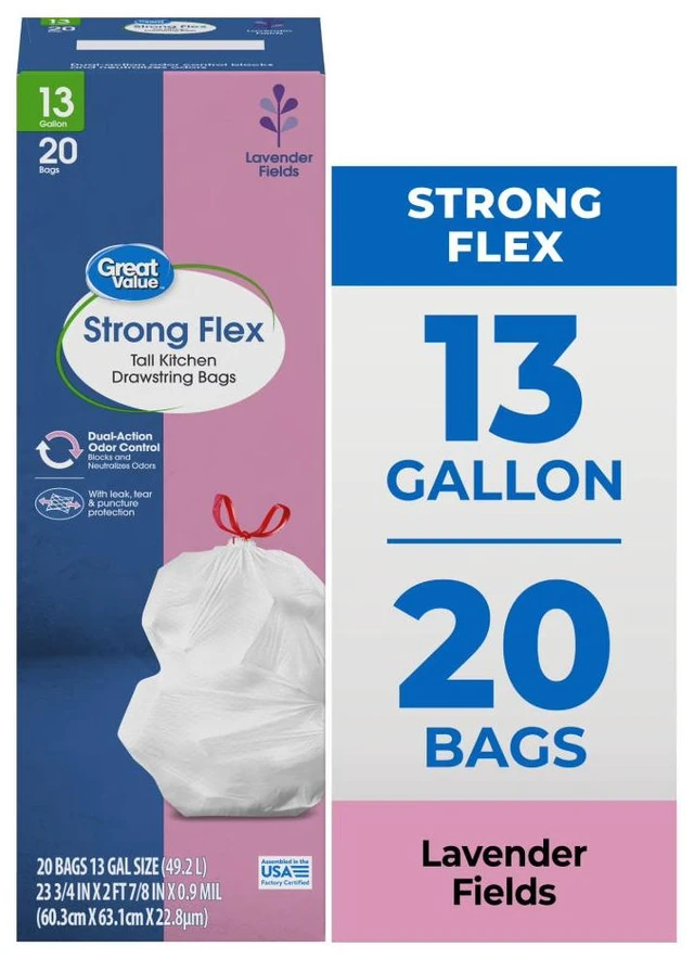 Main image of Great Value Strong Flex 13-Gallon Drawstring Tall Kitchen Trash Bags, Lavender Fields Scent, 20 Bags