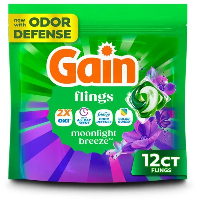 Main image of Gain Flings Laundry Detergent Soap Pacs, 4-in-1 Oxi Boost and Febreze, Moonlight Breeze Scent, 12 Count