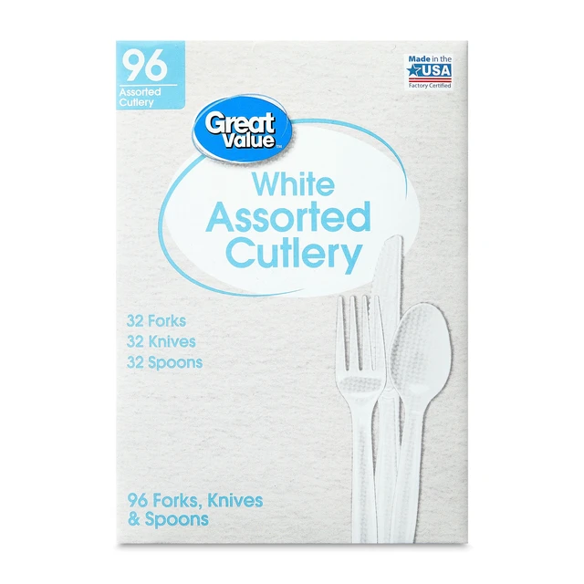 Alt view image 5 of 6 - Great Value Plastic Disposable Cutlery Set, White, 96 Count (32 Forks, 32 Spoons, 32 Knives)