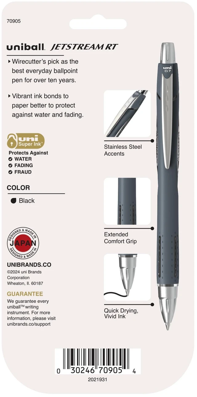 Alt view image 4 of 6 - Uni-ball Jetstream 0.7mm Fine Point Retractable Ballpoint Pens, Black Ink, 4 Count