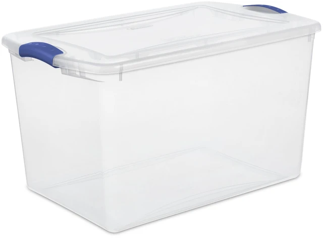 Main image of Sterilite 66 Quart Large Latching Storage Bin, Clear Plastic, Blue