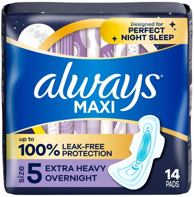 Alt view image 5 of 5 - Always Maxi Pads Size 5 Extra Heavy Overnight with Wings 14 Count