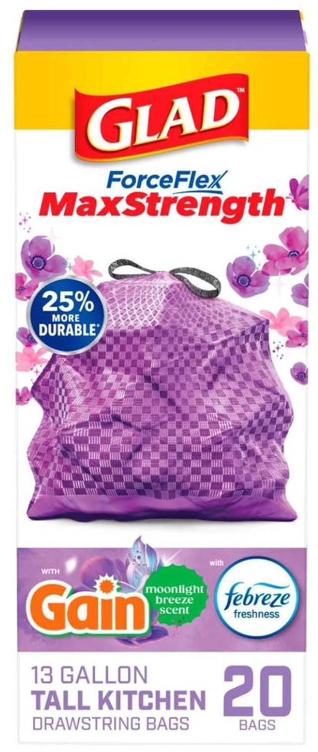 Main image of Glad ForceFlex MaxStrength 13-Gallon Purple Drawstring Tall Kitchen Bags, Gain Moonlight Breeze Scent, 20 Bags