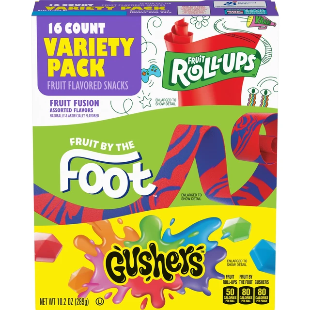 Alt view image 6 of 6 - Fruit Roll-Ups, Fruit by the Foot, Gushers Gluten Free Fruit Flavored Snacks, 16 Pouches