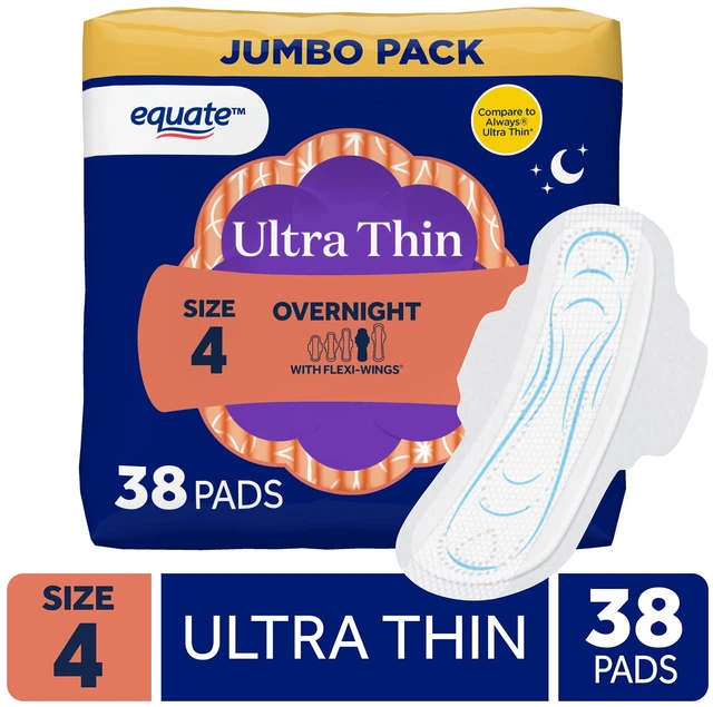 Main image of Equate Ultra Thin Pads with Flexi-Wings, Overnight Absorbency, Size 4, 38 Count