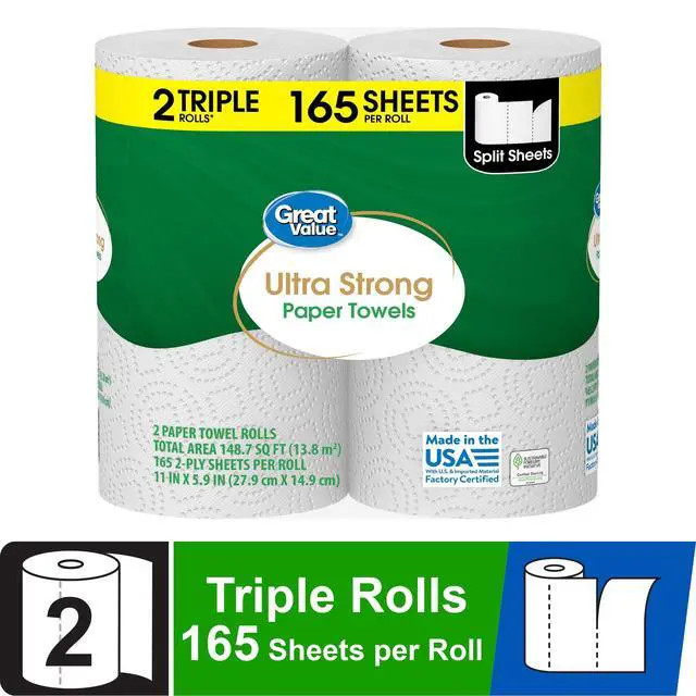 Alt view image 5 of 7 - Great Value Ultra Strong Paper Towels, 2 Triple Rolls, 330 Sheets