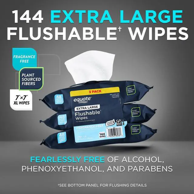 Main image of Equate Extra Large Flushable Wet Wipes, Fragrance Free, 144 Wipes, 3 Pack