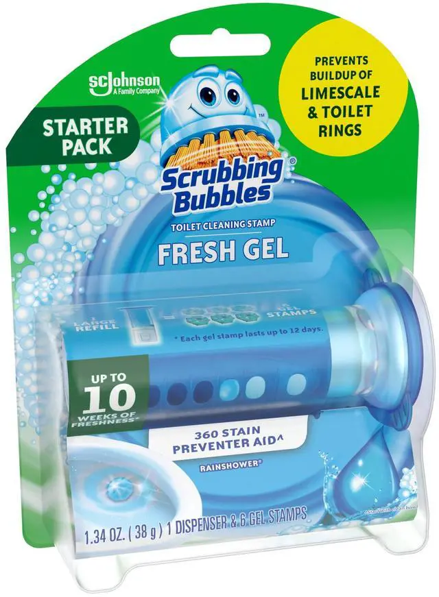 Main image of Scrubbing Bubbles Automatic Toilet Bowl Cleaner, Fresh Gel Cleaning Stamp, Rainshower, Dispenser & 6 Gel Stamps