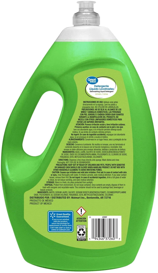 Alt view image 4 of 6 - Great Value Dish Washing Liquid Detergent, Limon/Lime, 90 fl oz