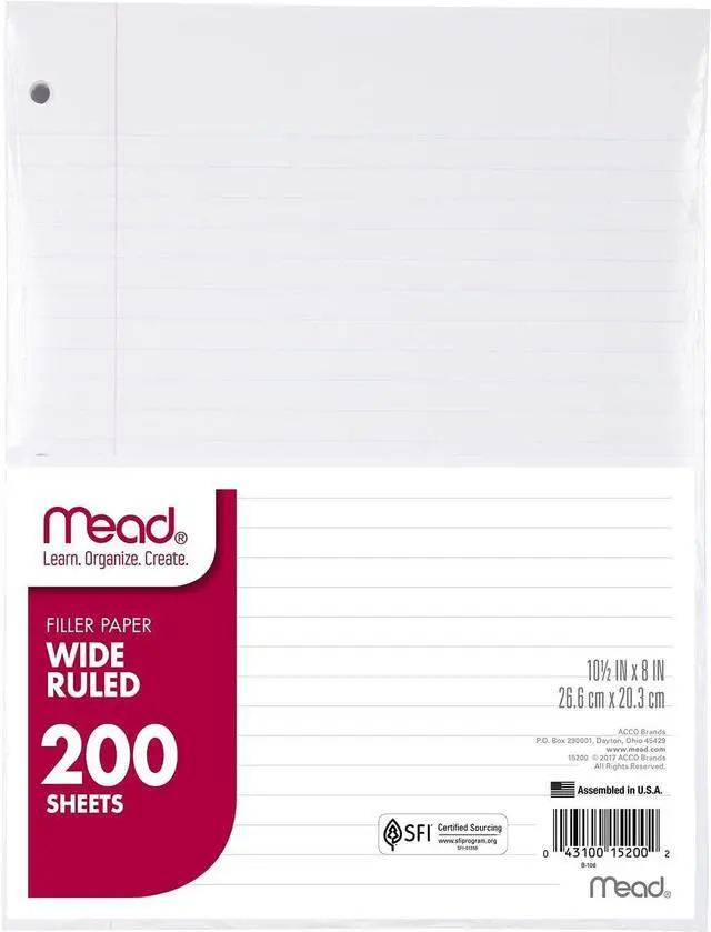 Main image of Mead Loose Leaf Paper, Wide Ruled Filler Notebook Paper, 8" x 10-1/2", 200 Sheets, Fits 3-Ring Binder (15200)