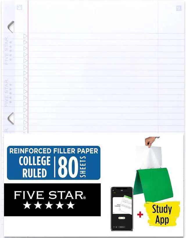 Main image of Five Star Loose Leaf Paper + Study App, College Ruled Filler Notebook Paper, Reinforced, Fights Ink Bleed, 8-1/2" x 11", 80 Sheets (170102)