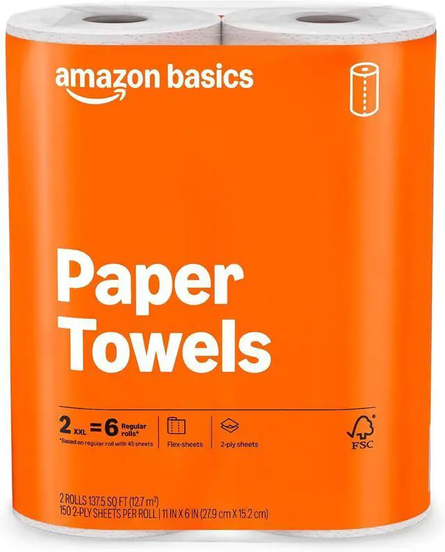 Main image of Amazon Basics 2-Ply Flex-Sheets Paper Towels, 2-Pack, 150 Sheets per Roll, 2 Basics Rolls = 6 Regular Rolls, for Everyday Use, Spills and Messes