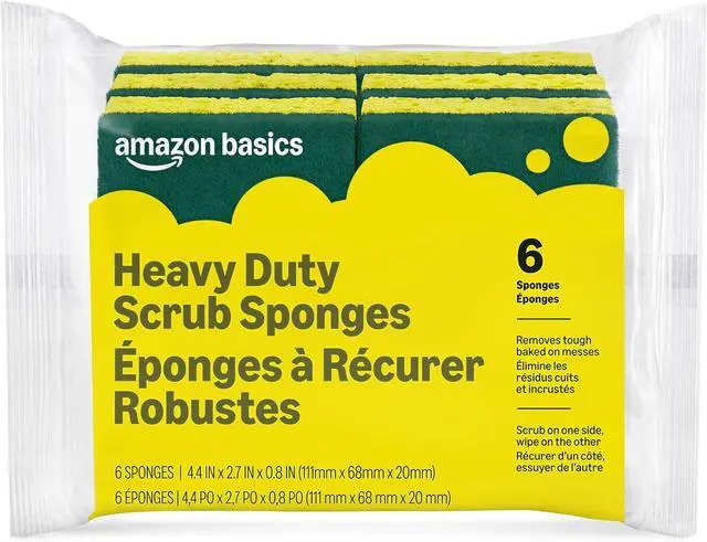 Main image of Amazon Basics Heavy Duty Dual-Sided Scrub Sponges, Reusable, 4.4 x 2.7 x 0.8 in, Yellow/Green, 6-Pack