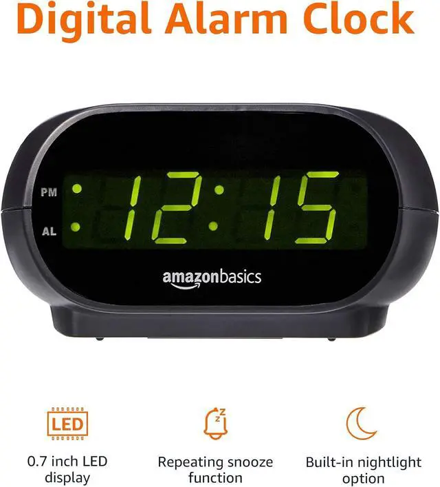 Alt view image 6 of 6 - Amazon Basics Small Digital Oval Alarm Clock with LED Display, Nightlight, Snooze Function & Battery Backup, Black, 4.5 x 3.5 x 2.4 Inches