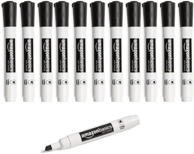 Main image of Amazon Basics Lowe-Odor Dry Erase Whiteboard Markers, Chisel Tip, Quick-Dry, Black, 12-Pack