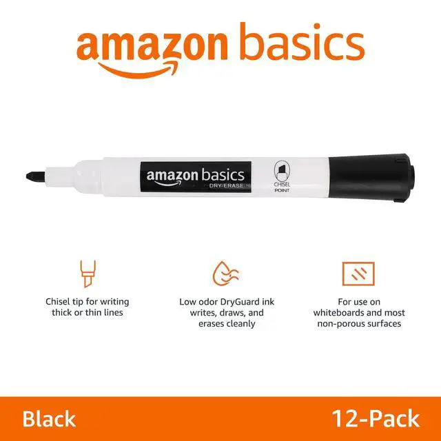 Alt view image 4 of 6 - Amazon Basics Lowe-Odor Dry Erase Whiteboard Markers, Chisel Tip, Quick-Dry, Black, 12-Pack