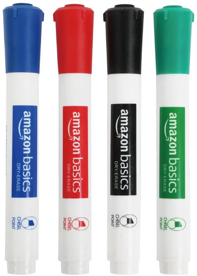 Main image of Basics Low-Odor Dry Erase Whiteboard Markers, Chisel Tip, Quick-Dry, 4-Pack, Black, Red, Green, Blue