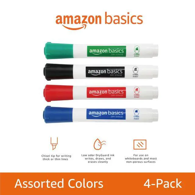 Alt view image 4 of 6 - Basics Low-Odor Dry Erase Whiteboard Markers, Chisel Tip, Quick-Dry, 4-Pack, Black, Red, Green, Blue