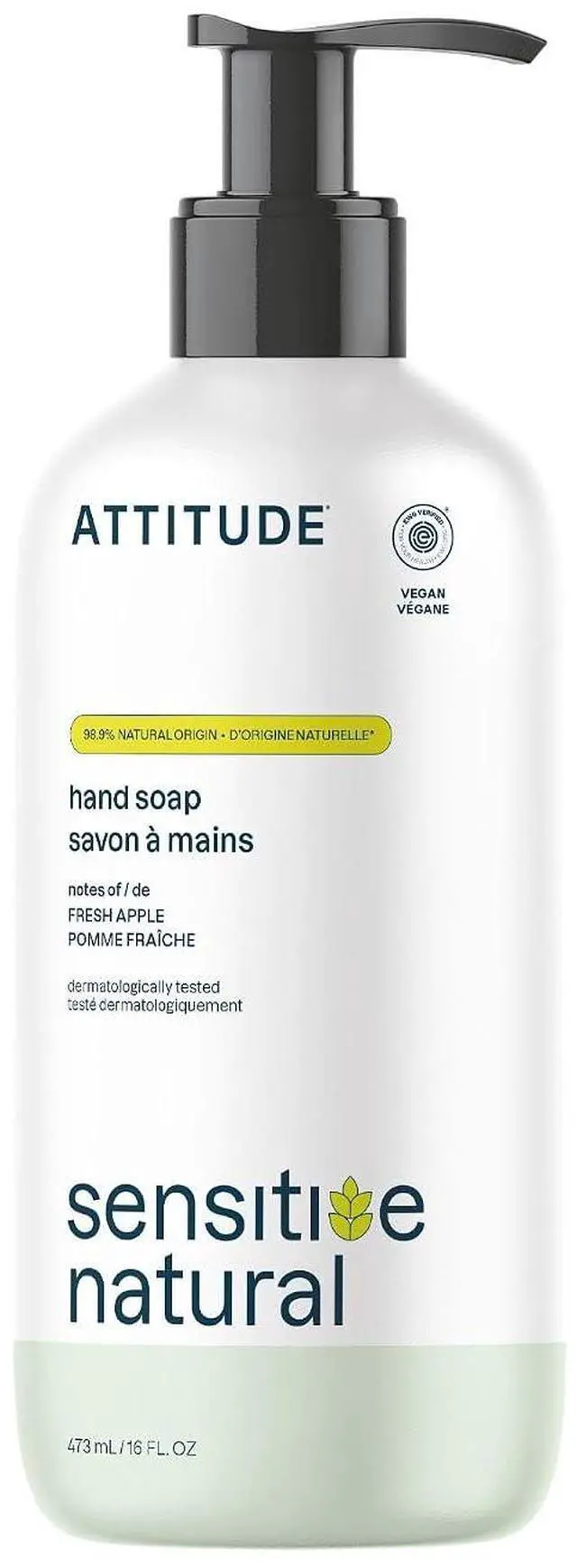 Main image of ATTITUDE Hand Soap for Sensitive Skin with Oat, Fresh Apple Scent, EWG Verified, Dermatologically Tested, Vegan, 16 Fl Oz