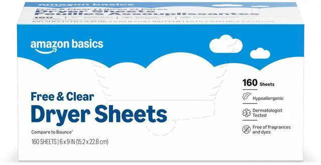 Main image of Amazon Basics Dryer Sheets Laundry Fabric Softener, Free & Clear, Hypoallergenic, Fragrance Free, 160 Count