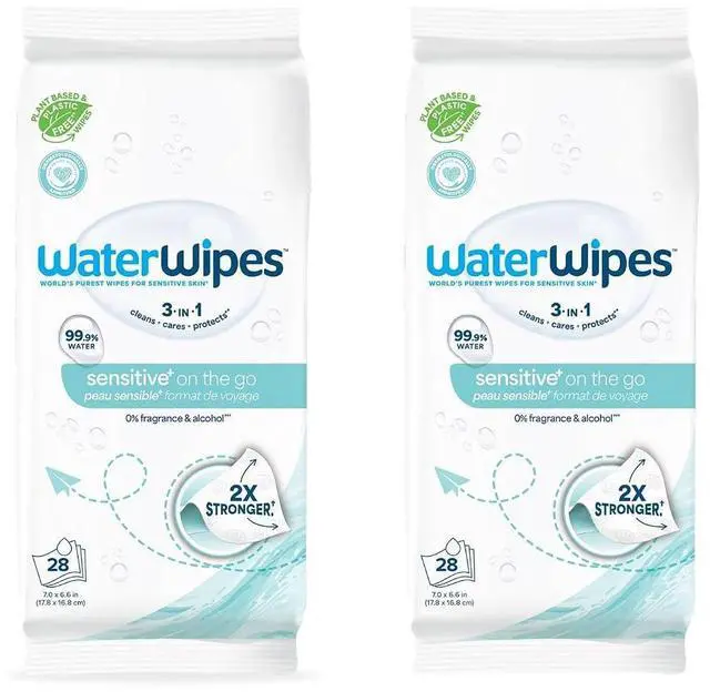 Main image of WaterWipes Sensitive+ On The Go Wipes, 3-In-1 Cleans, Cares, Protects, 99.9% Water, Unscented, Hypoallergenic, 28 Count (Pack of 2)