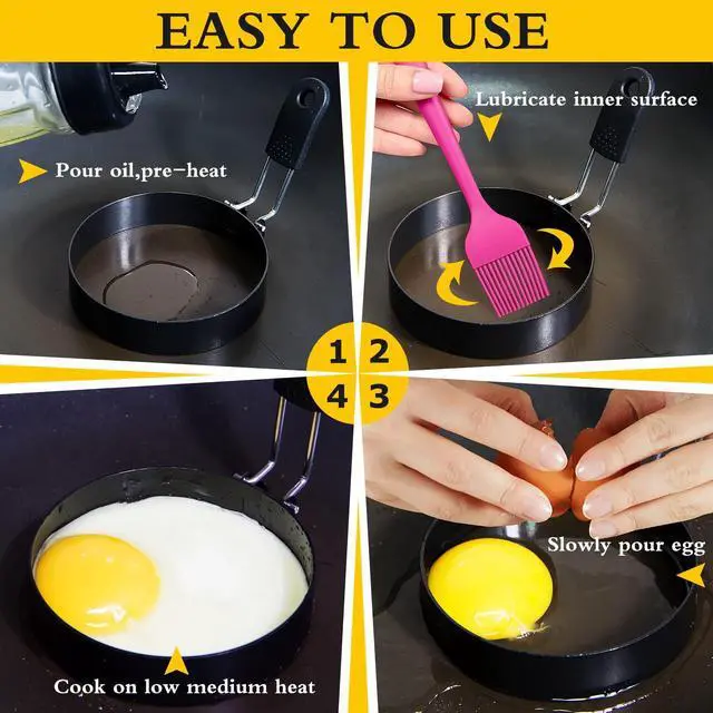 Alt view image 4 of 5 - 5-Inch Stainless Steel Egg Rings with Silicone Handle, Nonstick for Frying Eggs, English Muffins & Pancakes, Egg Mold Shaper for Breakfast