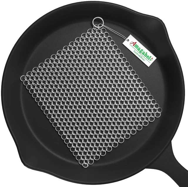 Main image of Amagabeli Cast Iron Cleaner 8"x6" Premium Stainless Steel Chainmail Scrubber for Pan, Pot, Wok, Griddles, BBQ Grills