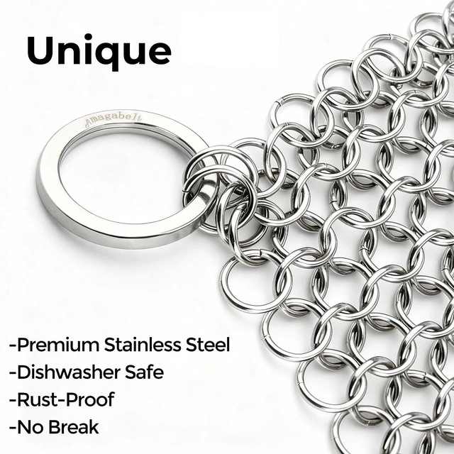Alt view image 2 of 6 - Amagabeli Cast Iron Cleaner 8"x6" Premium Stainless Steel Chainmail Scrubber for Pan, Pot, Wok, Griddles, BBQ Grills
