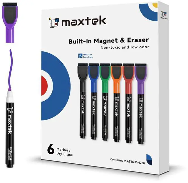 Main image of Maxtek Colorful Magnetic Dry Erase Markers Fine Tip, 6 Count with Eraser, Low Odor