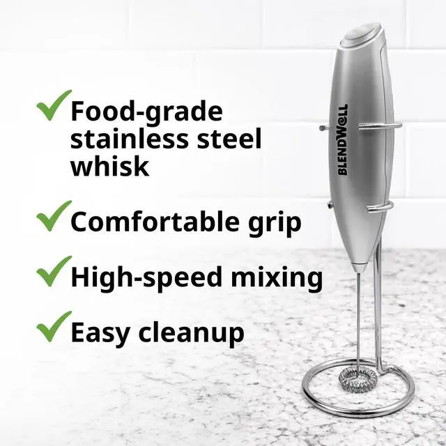 Alt view image 6 of 6 - BlendWell Electric Milk Frother, Handheld Battery Operated Drink Mixer with Stand, Stainless Steel Whisk, Silver