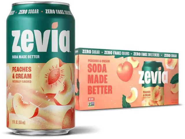 Main image of Zevia Peaches and Cream Zero Sugar Soda, 12 oz Cans (8-Pack), Caffeine Free, Naturally Sweetened, No Calorie, Non-GMO Project Verified, Gluten-Free, Vegan