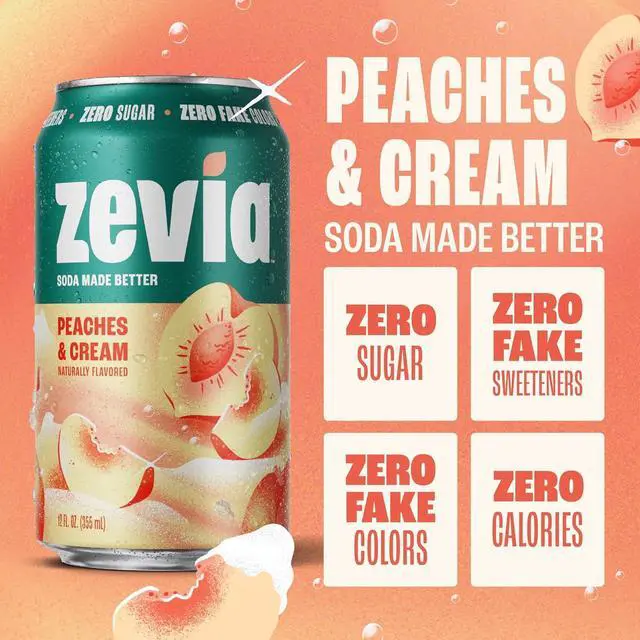 Alt view image 6 of 6 - Zevia Peaches and Cream Zero Sugar Soda, 12 oz Cans (8-Pack), Caffeine Free, Naturally Sweetened, No Calorie, Non-GMO Project Verified, Gluten-Free, Vegan
