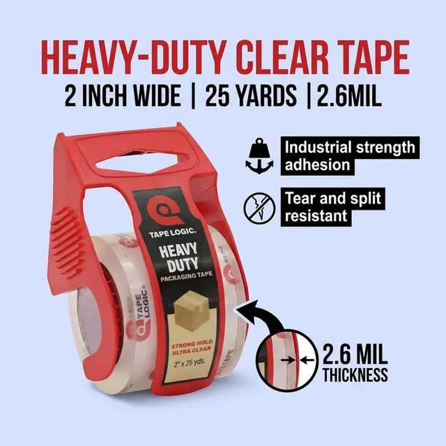 Alt view image 3 of 6 - Tape Logic Heavy Duty Packing Tape with Dispenser (1Pack) - 2.6Mil Clear, 2IN x 25YD - Strong Industrial Adhesive for Moving Boxes & Mailing