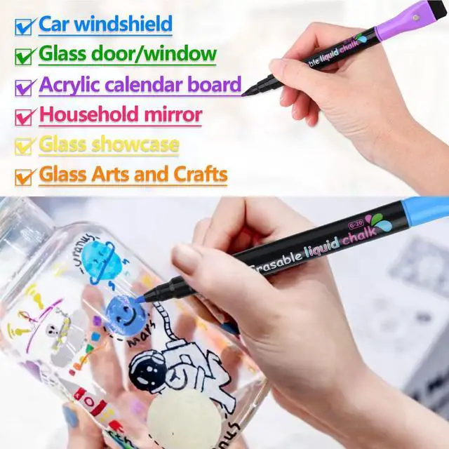 Alt view image 4 of 5 - Wet Erase Markers, Liquid Chalk Markers, Ultra Fine Tip, 8 Pack - Low Odor, with Eraser Caps for Acrylic Calendar, Planning Board, Whiteboard, Clear Glass