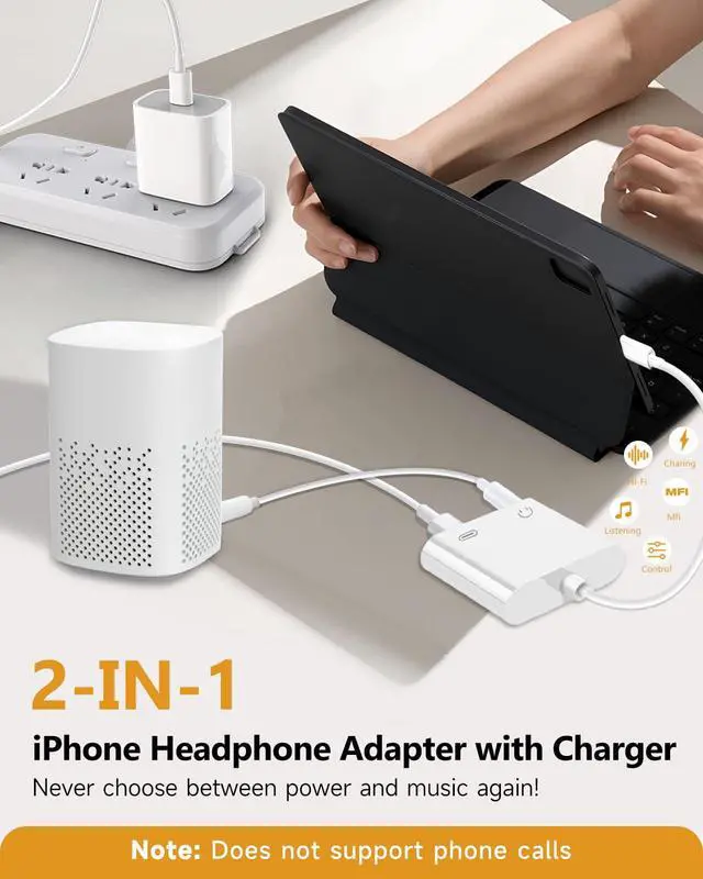 Alt view image 5 of 7 - MFi Certified Lightning to 3.5mm 2-in-1 Charger & Audio Adapter, DAC Chip, Hi-Fi Sound, for iPhone 14/13/12/11/XS/XR, Charge & Listen, Car Aux, Home, Travel, 2-Pack White