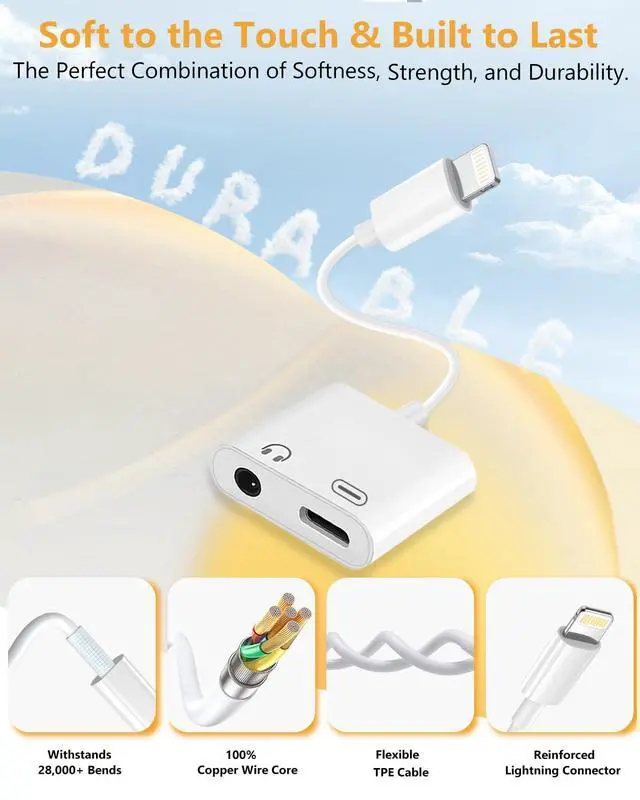 Alt view image 4 of 7 - MFi Certified Lightning to 3.5mm 2-in-1 Charger & Audio Adapter, DAC Chip, Hi-Fi Sound, for iPhone 14/13/12/11/XS/XR, Charge & Listen, Car Aux, Home, Travel, 2-Pack White