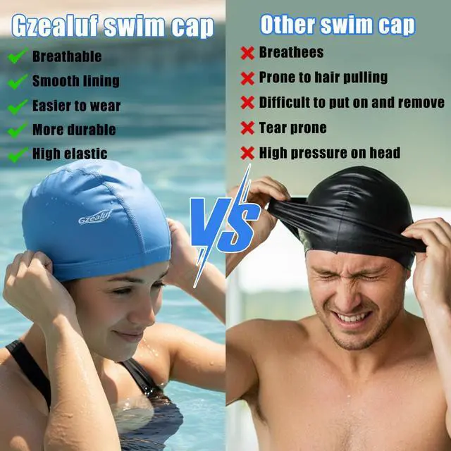 Alt view image 5 of 7 - High Elasticity Fabric Swim Cap, One Size Fits Women, Girls, Men & Kids, Breathable, Keeps Hair Clean for Long and Short Hair