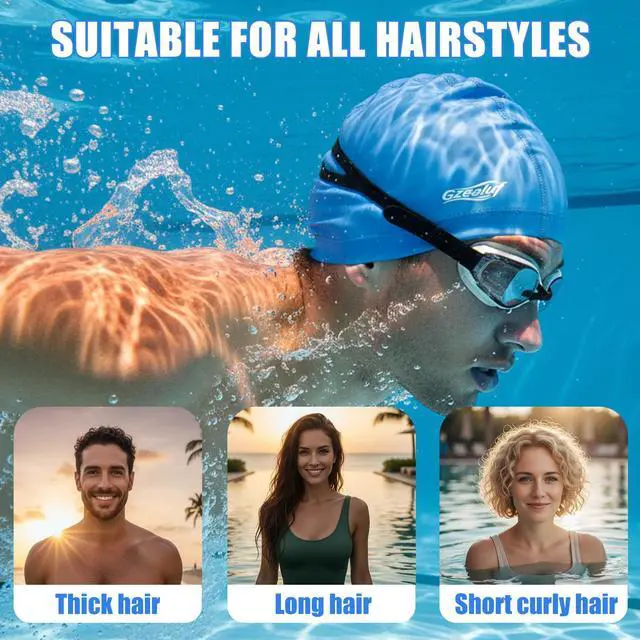 Alt view image 3 of 7 - High Elasticity Fabric Swim Cap, One Size Fits Women, Girls, Men & Kids, Breathable, Keeps Hair Clean for Long and Short Hair