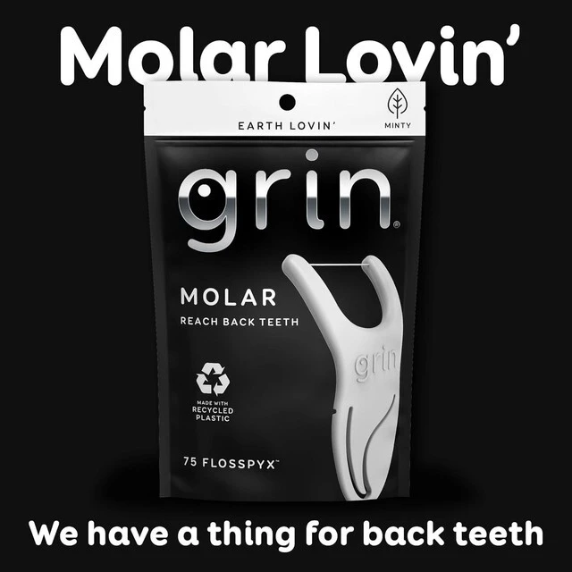 Alt view image 6 of 6 - GRIN Molar Flosspyx Flossers, 75 Count, Minty Flavor, Recycled Plastic, Great for Reaching Back Teeth, Slides Easily between Teeth, with Safe Soft Fold-Back Toothpick