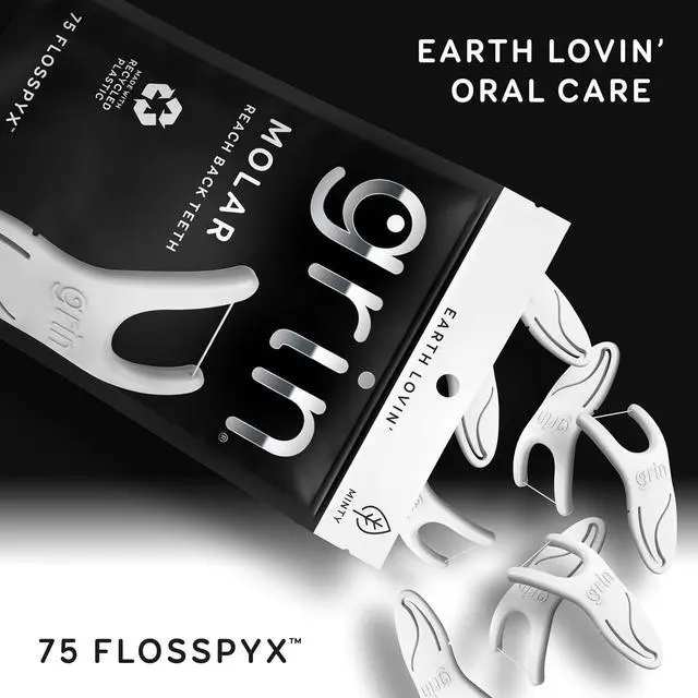 Alt view image 5 of 6 - GRIN Molar Flosspyx Flossers, 75 Count, Minty Flavor, Recycled Plastic, Great for Reaching Back Teeth, Slides Easily between Teeth, with Safe Soft Fold-Back Toothpick