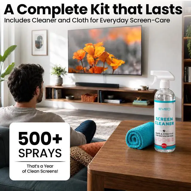 Alt view image 6 of 6 - EVEO TV Screen Cleaner Spray Streak-Free and Microfiber Cloth for Smart TV LCD LED OLED Monitor Laptop iPad Car Tesla & More