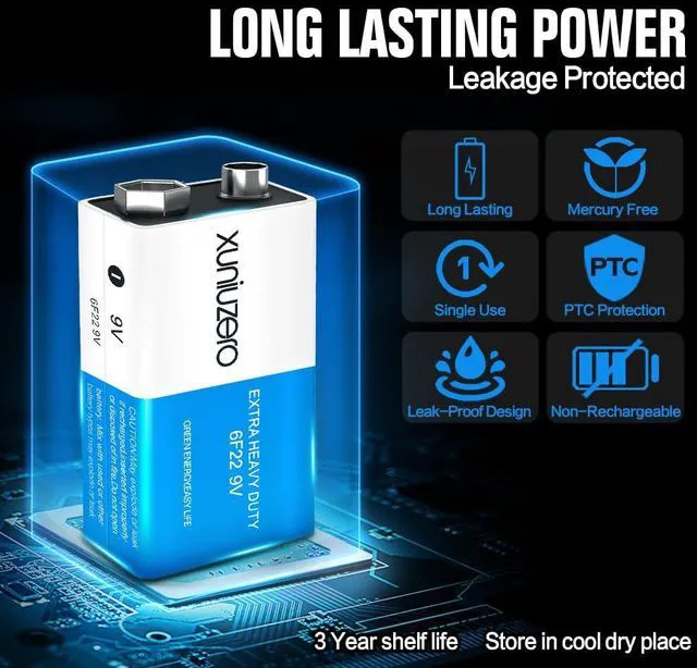 Alt view image 5 of 6 - 9V 6F22 Square Batteries (4 Pack) for Smoke Detector, Wireless Doorbell, Electronics, Long-Lasting