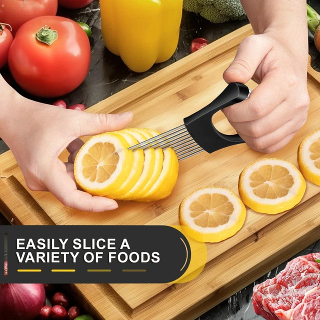 Alt view image 6 of 7 - Third Generation Onion Slicer, Stainless Steel Onion Holder with Protective Cover for Slicing Kiwifruit, Tomatoes, Avocados, Eggs, Lemon, Meat, Potato