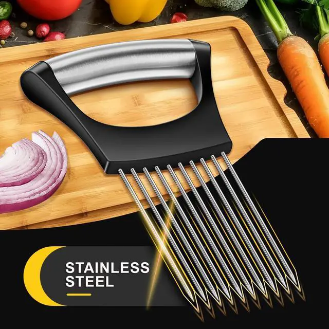 Alt view image 5 of 7 - Third Generation Onion Slicer, Stainless Steel Onion Holder with Protective Cover for Slicing Kiwifruit, Tomatoes, Avocados, Eggs, Lemon, Meat, Potato