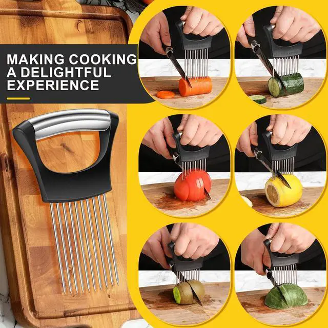 Alt view image 3 of 7 - Third Generation Onion Slicer, Stainless Steel Onion Holder with Protective Cover for Slicing Kiwifruit, Tomatoes, Avocados, Eggs, Lemon, Meat, Potato