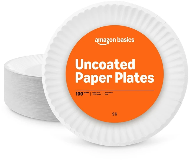 Main image of Amazon Basics 9" 100 Count Uncoated White Paper Plates, Microwave Safe
