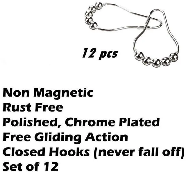 Alt view image 4 of 6 - Uigos Premium Shower Curtain Rings Set of 12, Rust-Resistant Stainless Steel Hooks with Smooth Glide Roller Balls, Heavy-Duty Secure Closing, Chrome