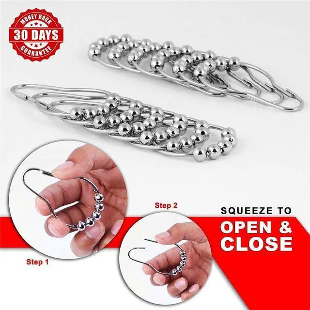 Alt view image 2 of 6 - Uigos Premium Shower Curtain Rings Set of 12, Rust-Resistant Stainless Steel Hooks with Smooth Glide Roller Balls, Heavy-Duty Secure Closing, Chrome